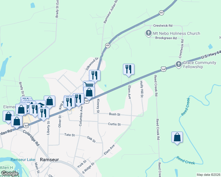 map of restaurants, bars, coffee shops, grocery stores, and more near 114 Jordan Road in Ramseur
