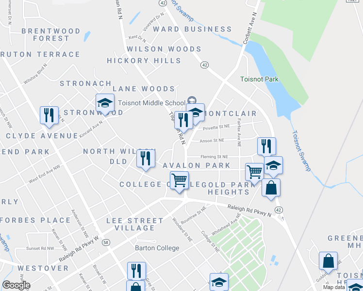map of restaurants, bars, coffee shops, grocery stores, and more near 1117 Tilghman Road North in Wilson