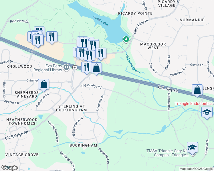map of restaurants, bars, coffee shops, grocery stores, and more near 3015 Old Raleigh Road in Apex