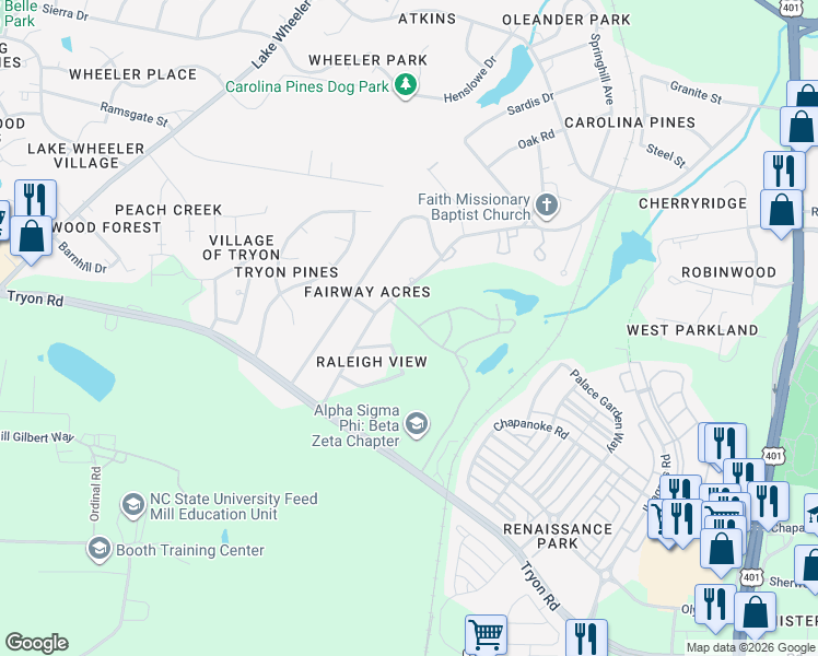 map of restaurants, bars, coffee shops, grocery stores, and more near 2600 Par Drive in Raleigh