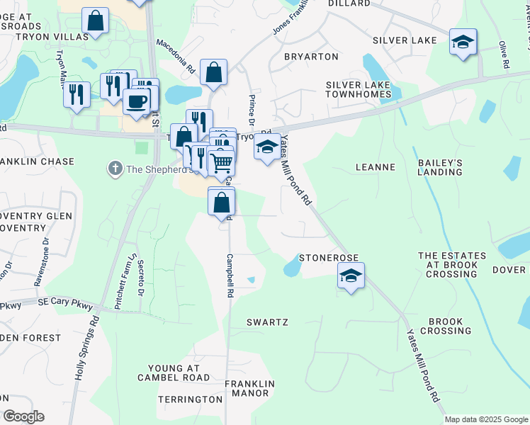 map of restaurants, bars, coffee shops, grocery stores, and more near 2729 Campbell Road in Raleigh