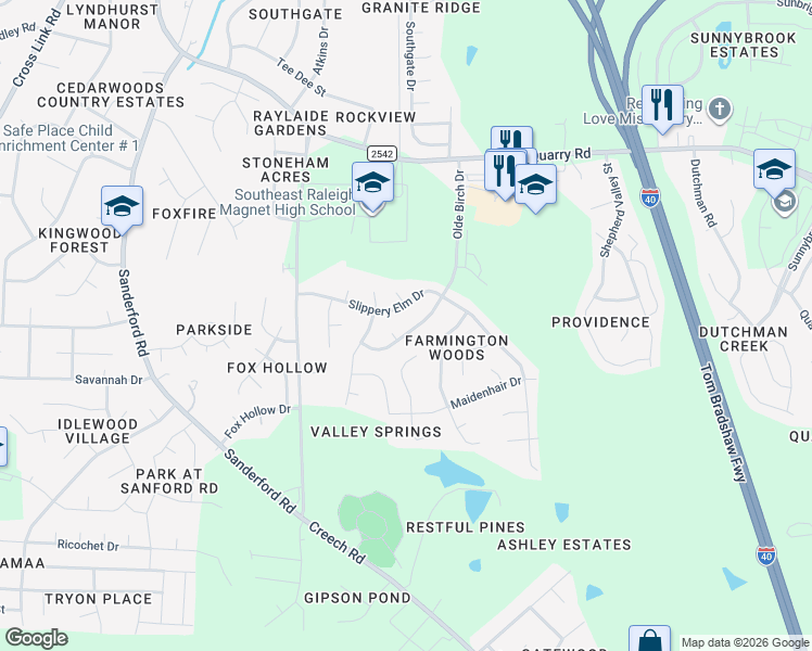 map of restaurants, bars, coffee shops, grocery stores, and more near 3105 Olde Birch Drive in Raleigh