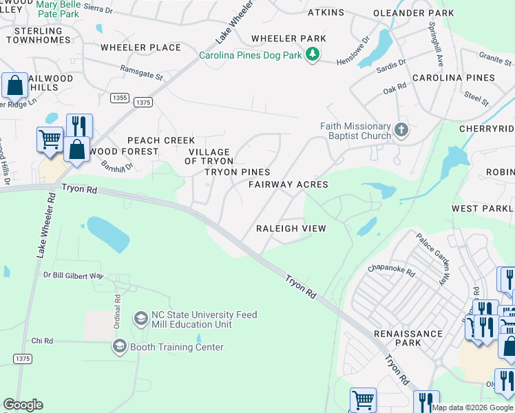 map of restaurants, bars, coffee shops, grocery stores, and more near 2818 Crestline Avenue in Raleigh