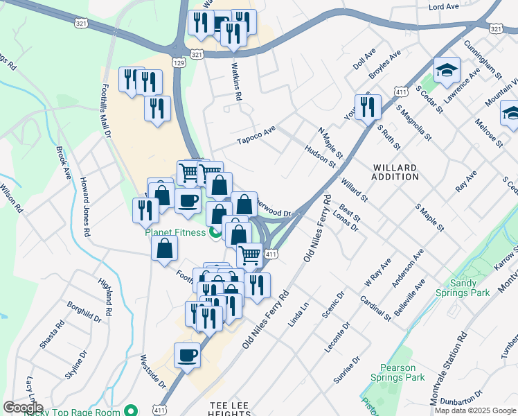 map of restaurants, bars, coffee shops, grocery stores, and more near 303 Sherwood Drive in Maryville
