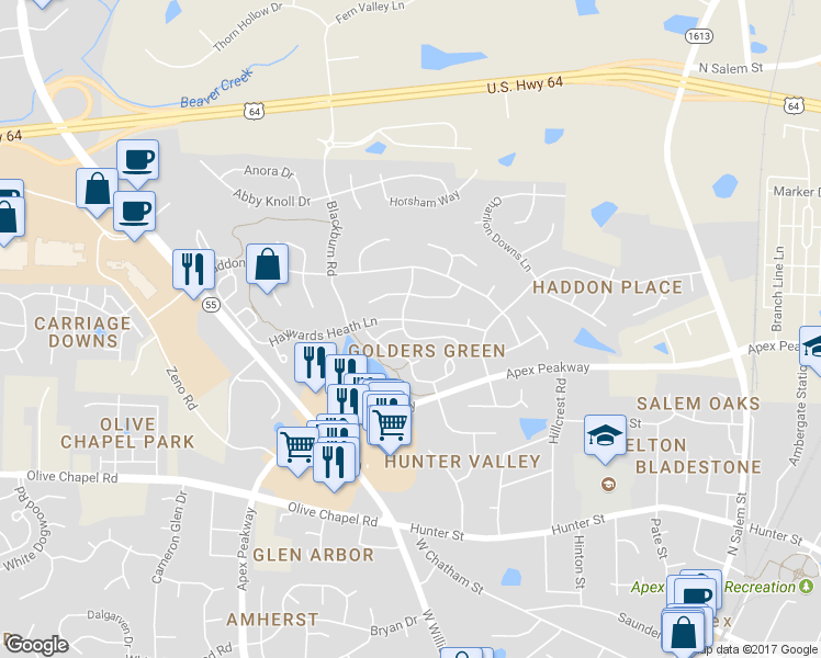 map of restaurants, bars, coffee shops, grocery stores, and more near 102 Knightsborough Way in Apex