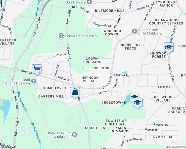 map of restaurants, bars, coffee shops, grocery stores, and more near 2821 Laodicea Drive in Raleigh