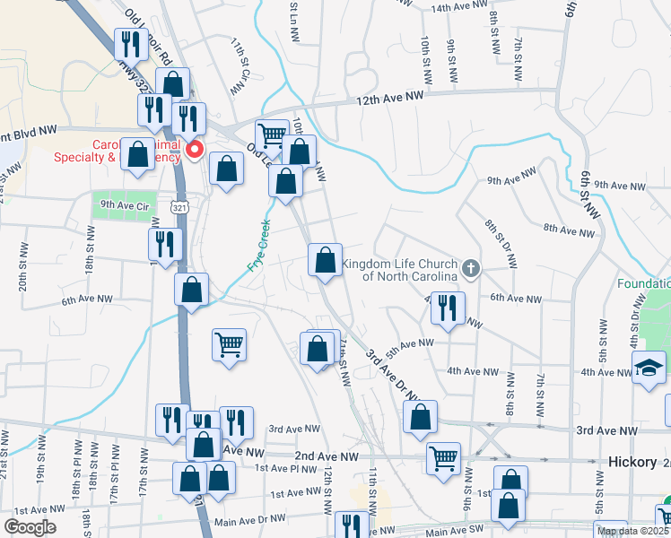 map of restaurants, bars, coffee shops, grocery stores, and more near 623 10th Street Boulevard Northwest in Hickory