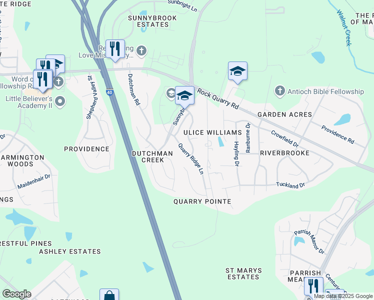 map of restaurants, bars, coffee shops, grocery stores, and more near 2606 Quarry Ridge Lane in Raleigh