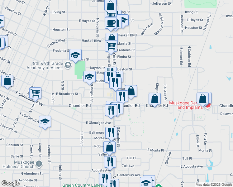 map of restaurants, bars, coffee shops, grocery stores, and more near 320 North York Street in Muskogee