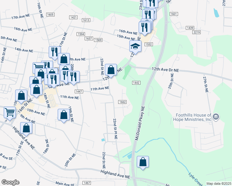 map of restaurants, bars, coffee shops, grocery stores, and more near 1096 22nd Street Northeast in Hickory