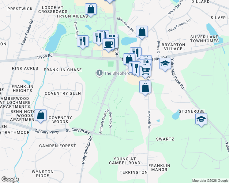 map of restaurants, bars, coffee shops, grocery stores, and more near 8624 Secreto Drive in Raleigh