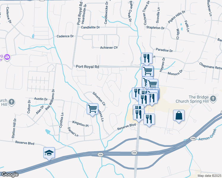 map of restaurants, bars, coffee shops, grocery stores, and more near 6025 Hillside Lane in Spring Hill