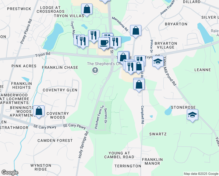 map of restaurants, bars, coffee shops, grocery stores, and more near 8624 Secreto Drive in Raleigh