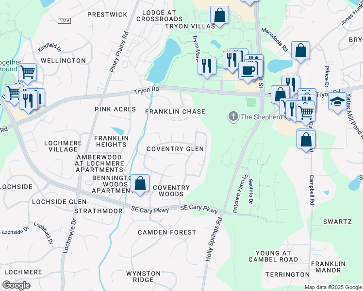 map of restaurants, bars, coffee shops, grocery stores, and more near 201 Cricketfield Lane in Cary