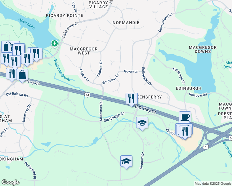 map of restaurants, bars, coffee shops, grocery stores, and more near 113 Charlemagne Court in Cary