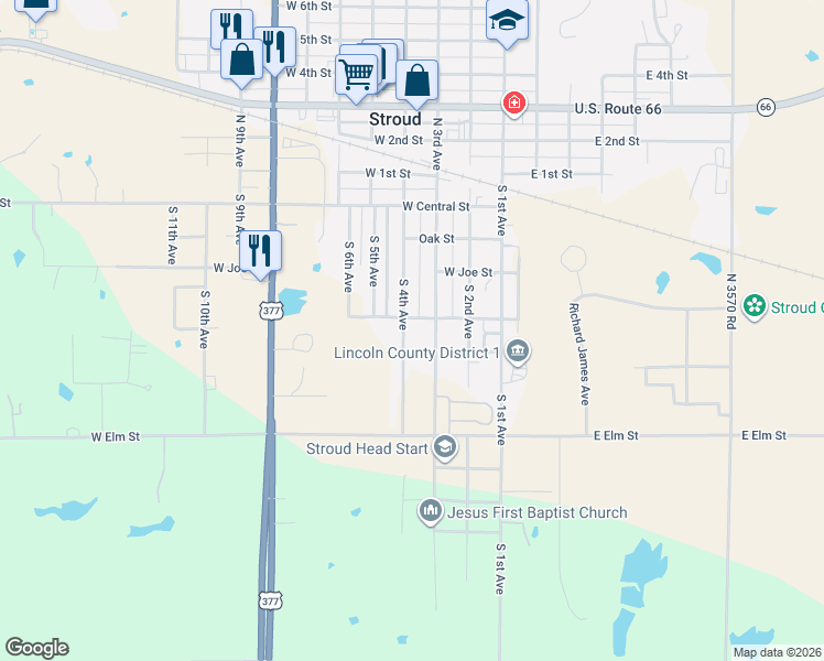 map of restaurants, bars, coffee shops, grocery stores, and more near 510 South 3rd Avenue in Stroud