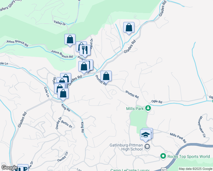 map of restaurants, bars, coffee shops, grocery stores, and more near 105 Proffitt Road in Gatlinburg