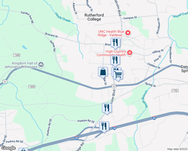 map of restaurants, bars, coffee shops, grocery stores, and more near 100 Lowman St in Valdese