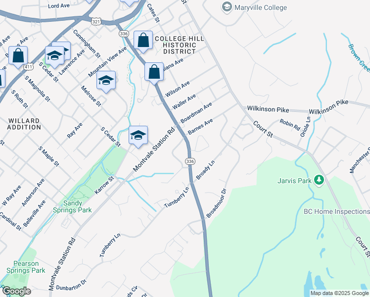 map of restaurants, bars, coffee shops, grocery stores, and more near 1203 Montvale Road in Maryville