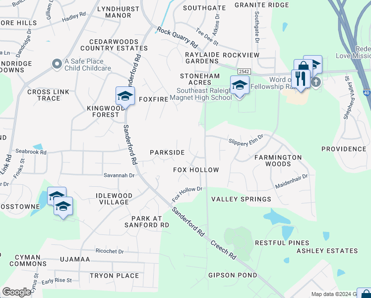 map of restaurants, bars, coffee shops, grocery stores, and more near 2616 Adcox Place in Raleigh