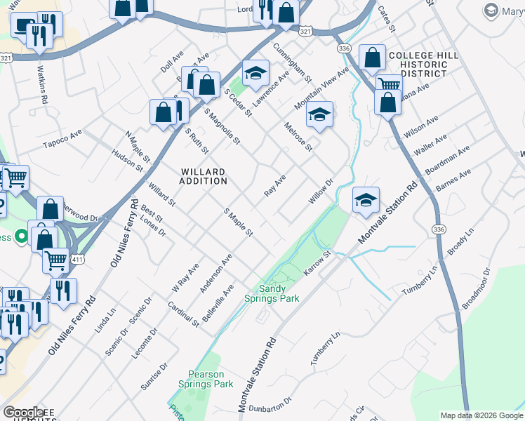 map of restaurants, bars, coffee shops, grocery stores, and more near 502 South Ruth Street in Maryville
