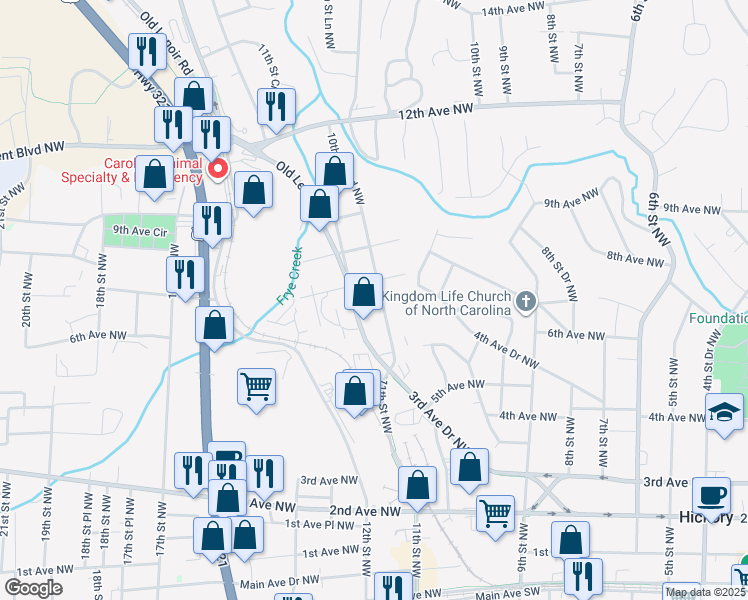 map of restaurants, bars, coffee shops, grocery stores, and more near 623 10th Street Boulevard Northwest in Hickory