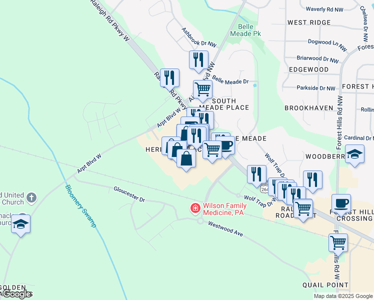 map of restaurants, bars, coffee shops, grocery stores, and more near 3401 Raleigh Road Parkway West in Wilson