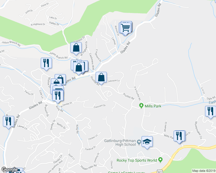map of restaurants, bars, coffee shops, grocery stores, and more near 516 Proffitt Road in Gatlinburg