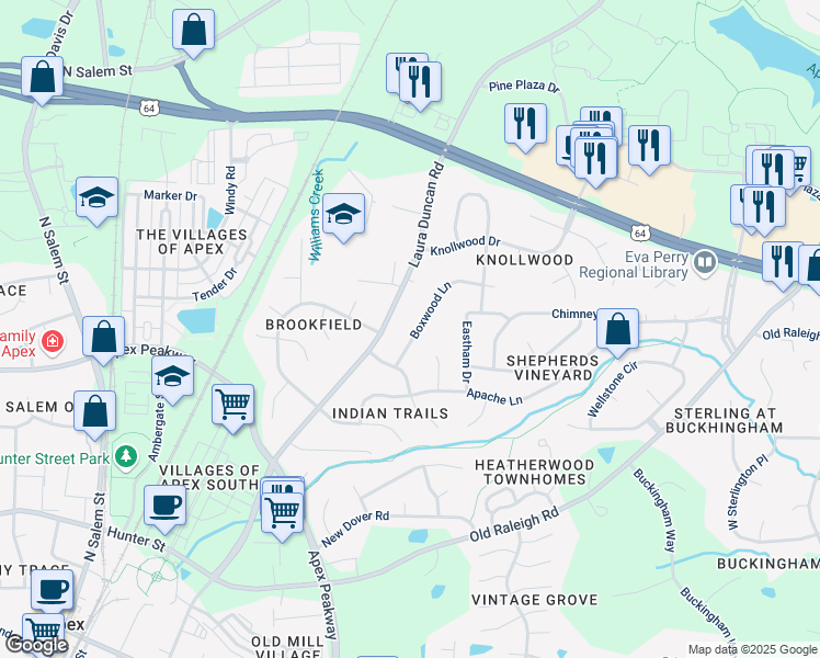 map of restaurants, bars, coffee shops, grocery stores, and more near 1307 Boxwood Lane in Apex