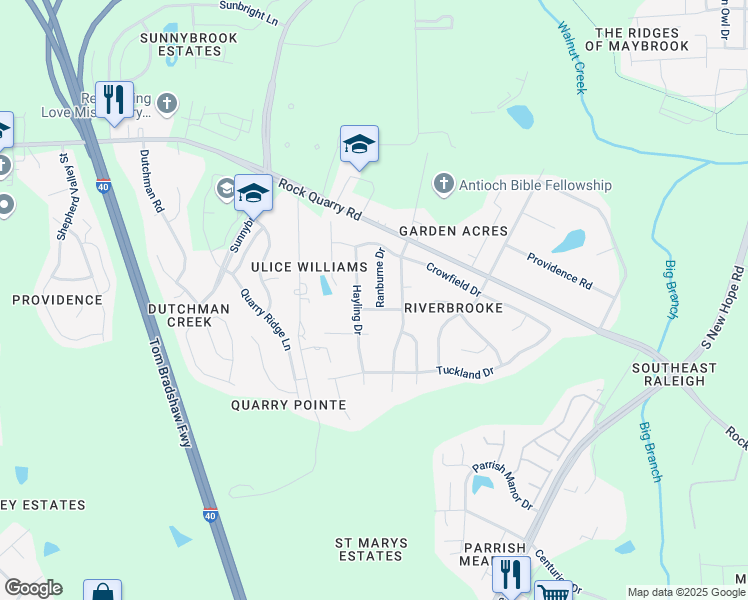 map of restaurants, bars, coffee shops, grocery stores, and more near 3012 Ranburne Drive in Raleigh