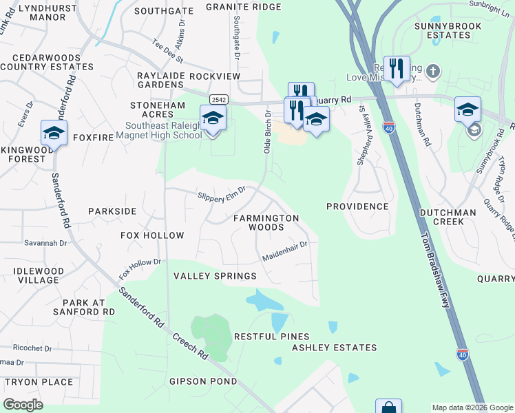 map of restaurants, bars, coffee shops, grocery stores, and more near 2905 Maidenhair Drive in Raleigh