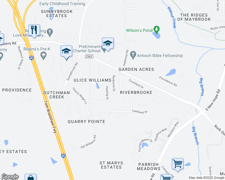 map of restaurants, bars, coffee shops, grocery stores, and more near 3012 Ranburne Drive in Raleigh