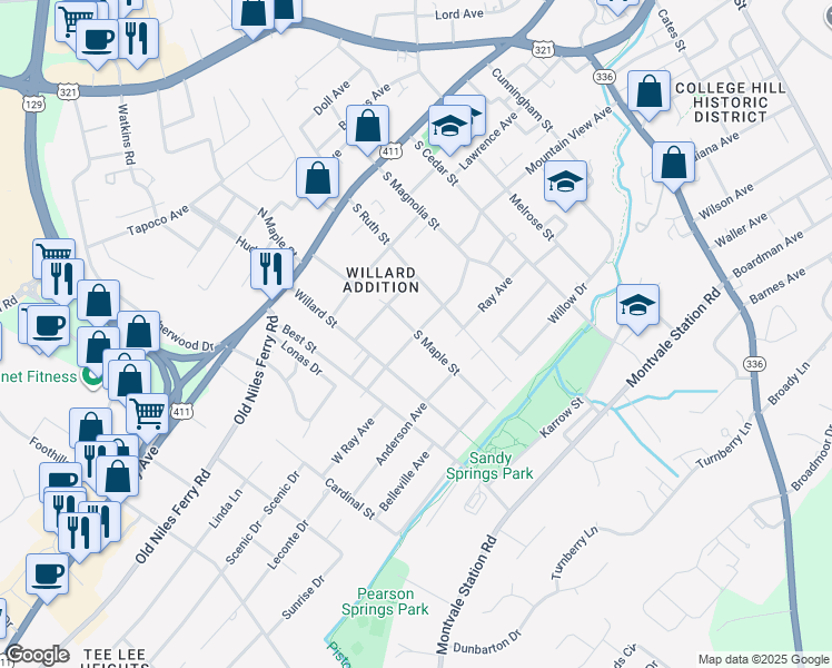 map of restaurants, bars, coffee shops, grocery stores, and more near 399 South Maple Street in Maryville