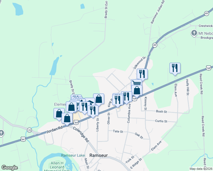 map of restaurants, bars, coffee shops, grocery stores, and more near 4724 Huntingwood Road in Ramseur