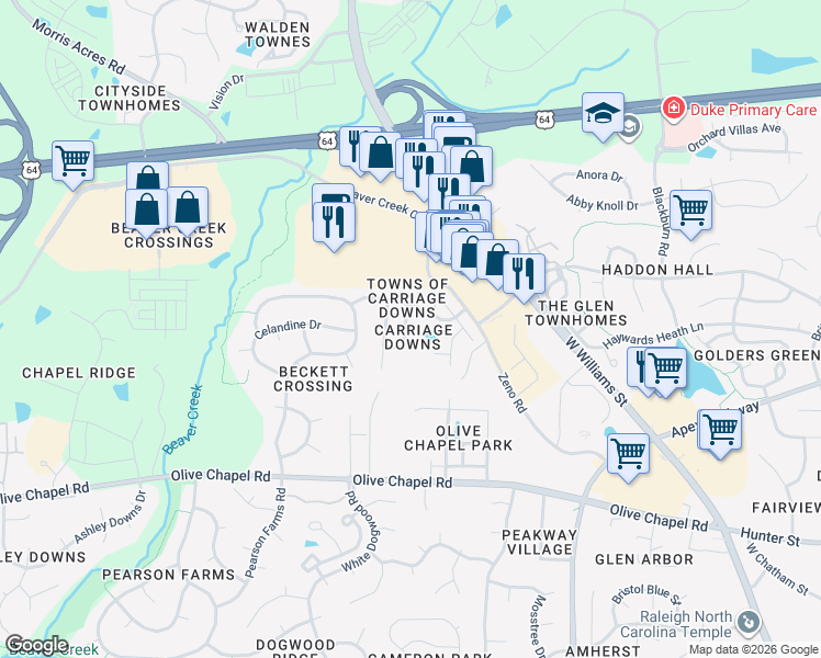 map of restaurants, bars, coffee shops, grocery stores, and more near 209 Rapp Lane in Apex