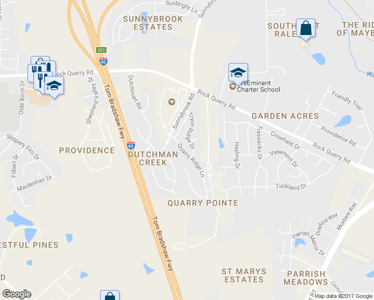 map of restaurants, bars, coffee shops, grocery stores, and more near 2610 Quarry Ridge Lane in Raleigh