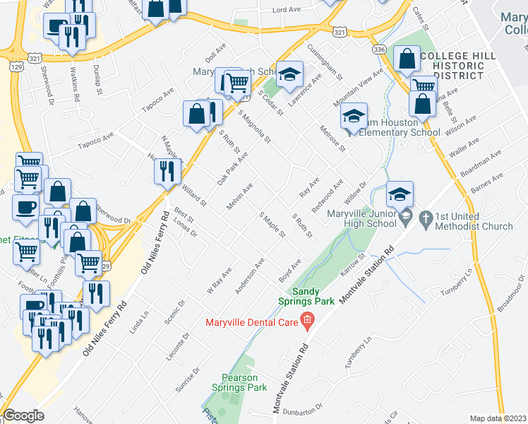 map of restaurants, bars, coffee shops, grocery stores, and more near 1112 Sterling Avenue in Maryville