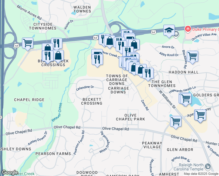 map of restaurants, bars, coffee shops, grocery stores, and more near 116 Kellerhis Drive in Apex