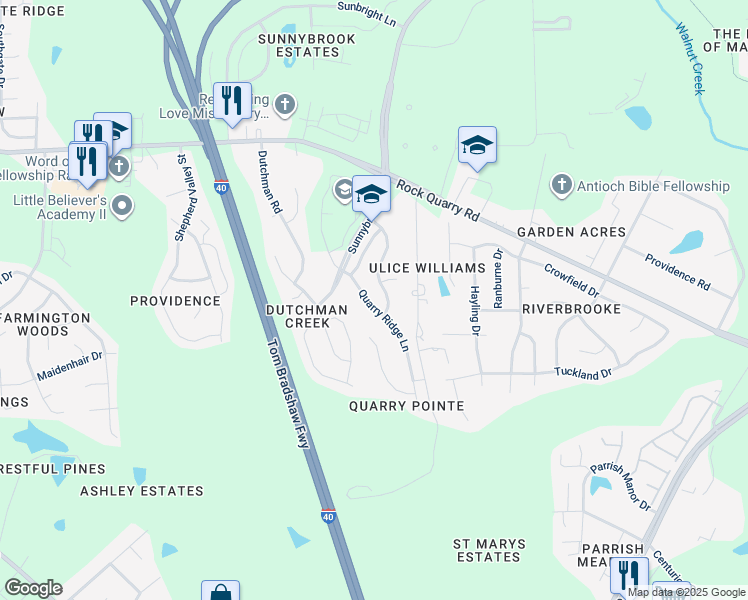 map of restaurants, bars, coffee shops, grocery stores, and more near 2610 Quarry Ridge Lane in Raleigh