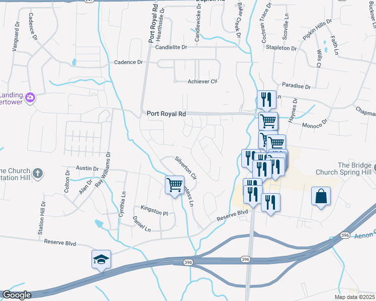 map of restaurants, bars, coffee shops, grocery stores, and more near 2013 Lavender Court in Spring Hill