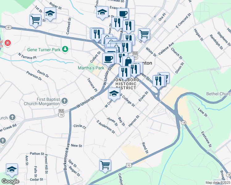 map of restaurants, bars, coffee shops, grocery stores, and more near 208 College Street in Morganton