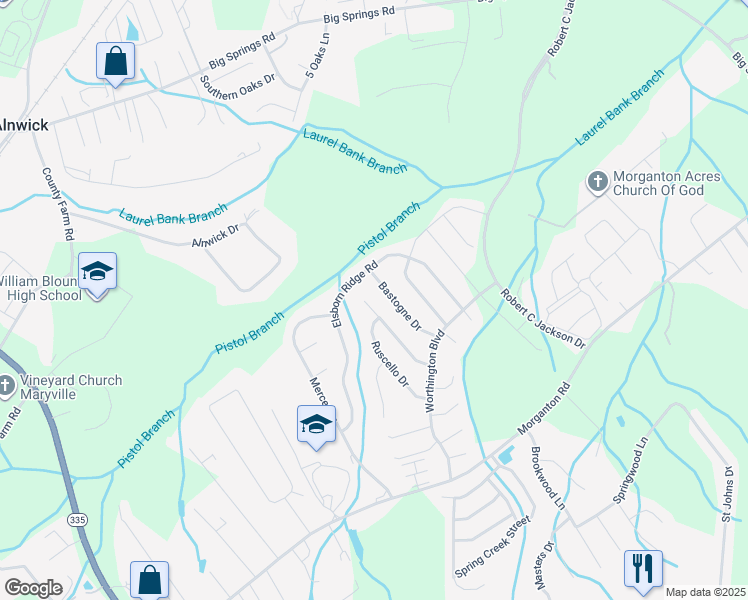 map of restaurants, bars, coffee shops, grocery stores, and more near 1132 Cherbourg Drive in Maryville