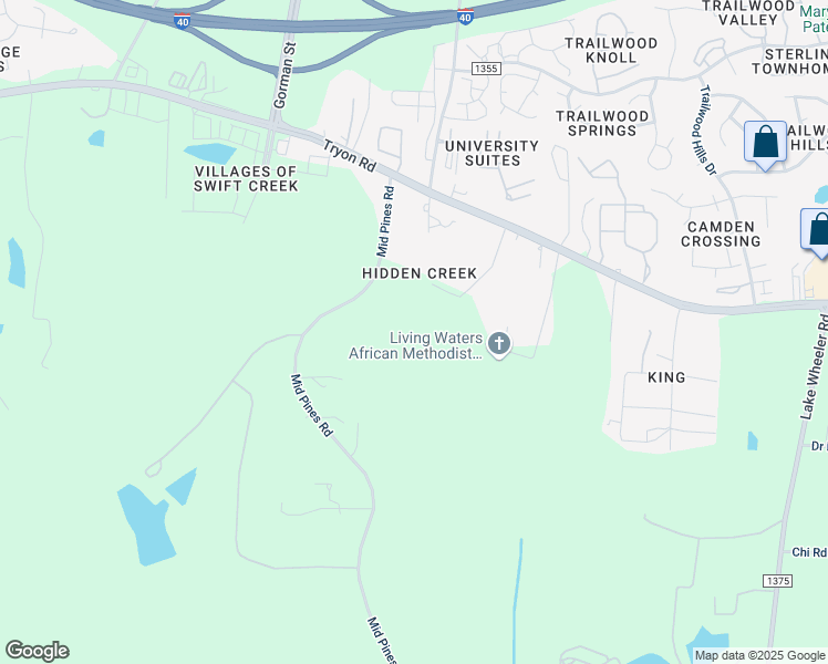 map of restaurants, bars, coffee shops, grocery stores, and more near 2523 Mid Pines Road in Raleigh