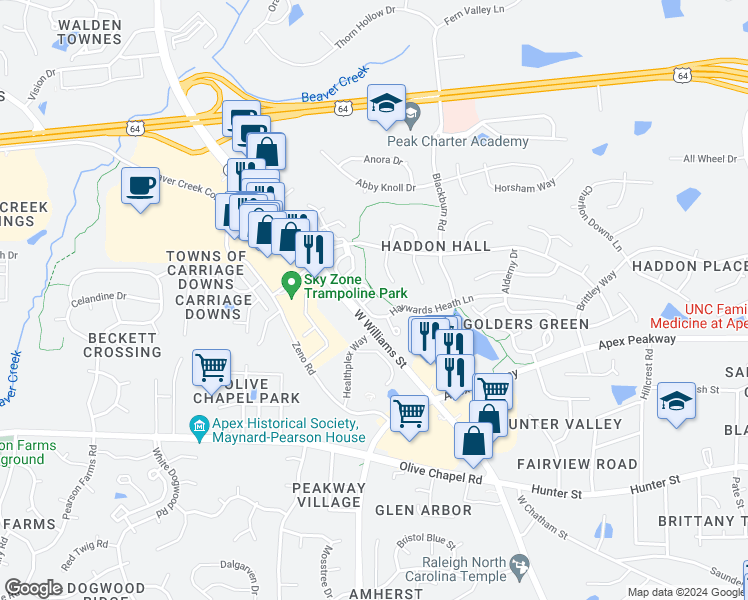 map of restaurants, bars, coffee shops, grocery stores, and more near 112 Brittingham Loop in Apex