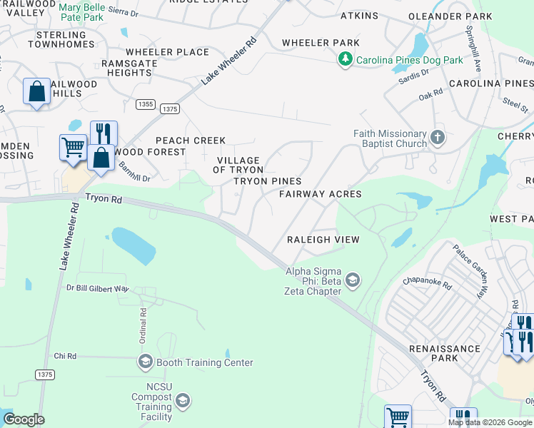 map of restaurants, bars, coffee shops, grocery stores, and more near 3016 Rennit Court in Raleigh