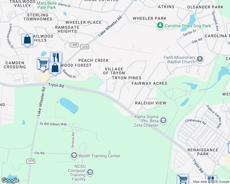 map of restaurants, bars, coffee shops, grocery stores, and more near 2529 Valley Haven Drive in Raleigh