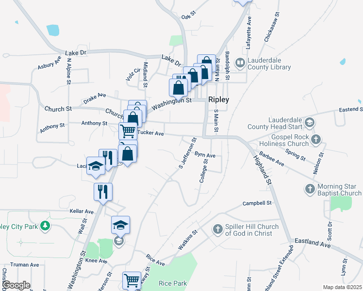 map of restaurants, bars, coffee shops, grocery stores, and more near 128 Wardlaw Circle in Ripley