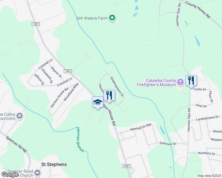map of restaurants, bars, coffee shops, grocery stores, and more near 1713 Poe Circle in Hickory