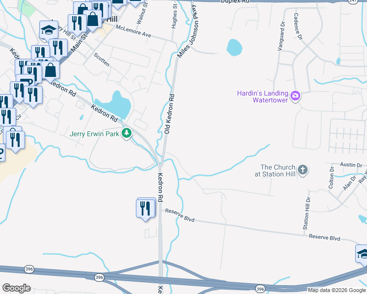 map of restaurants, bars, coffee shops, grocery stores, and more near 1009 Old Kedron Road in Spring Hill