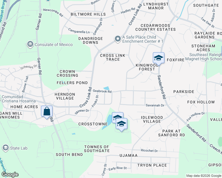 map of restaurants, bars, coffee shops, grocery stores, and more near 1009 Seabrook Road in Raleigh